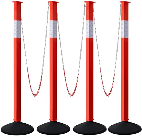 4 Pack Traffic Delineator Post Cones with Weighted Base, Adjustable Orange Safety Cones with Reflective Collars & Plastic Chains, Construction Parking Barrier Cones for Driving Practice Driveway Road