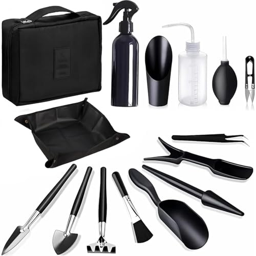 Juego de 15 herramientas para bonsái – Mini jardín y bonsái kit de cuidado con estera para trasplantar, varias pinzas, palas y bolsa de almacenamiento para trasplantar, plantas suculentas y cuidado de