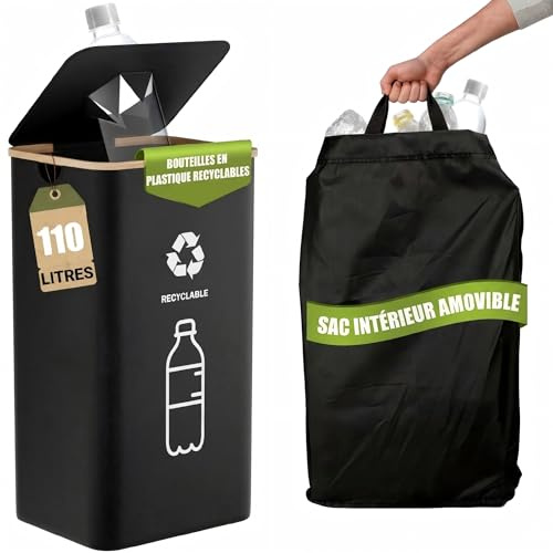 Consigne de collecte 110 l, conteneur de consigne et collecteur de bouteilles, vide, grande poubelle de cuisine, support de sac poubelle, conteneur de collecte des déchets et du recyclage, avec