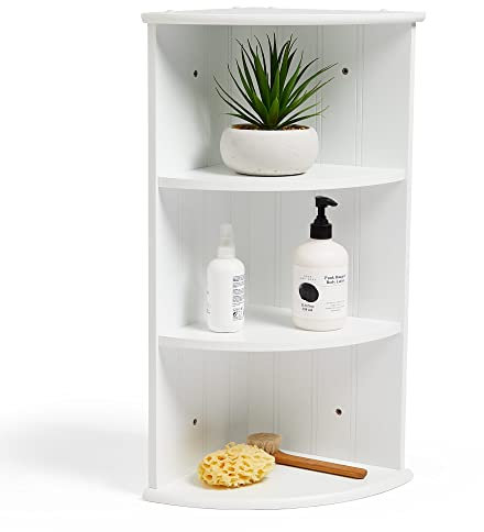 VonHaus Corner Shelf Unit – Wooden 3 Tier Shelving – White Storage Display Unit – Freestanding or Wall Mounted - Shaker Style Design - For Bathroom, Bedroom, Kitchen, Living Room