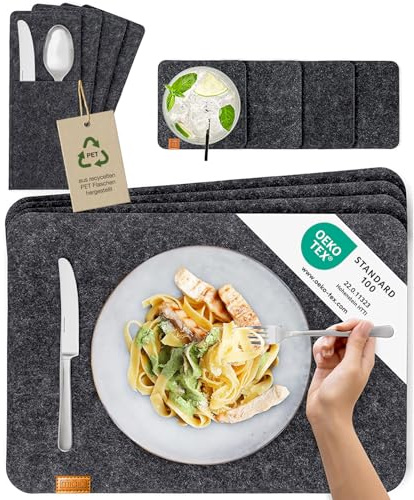 MIQIO® - Design bordstablett i 12 delar filt och läder för 4 personer, tvättbara, 4 set, 4 underlägg, 4 x bestickfickor (mörkgrå antracit, grå)