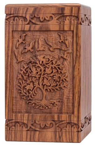 INTAJ Urne funéraire en bois sculpté à la main pour cendres humaines – Design arbre de vie – Capacité de 81,6 kg – Convient aux hommes et aux femmes adultes – Urne funéraire décorative et cercueil