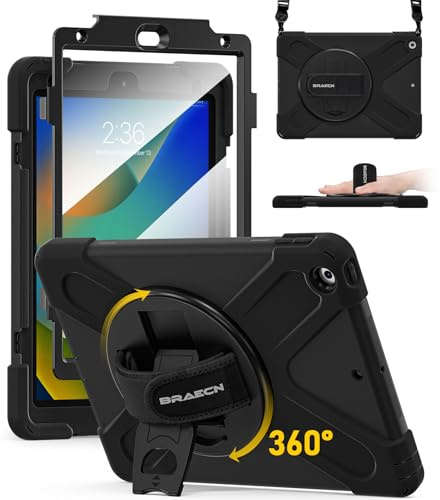 BRAECN for iPad 9th/8th/7th Generation Case 10.2 inch, Heavy Duty Rugged Protective Cover with Built Screen Protector/Hand Strap/Kickstand/Shoulder Strap for iPad 10.2 2021/2020/2019, Black