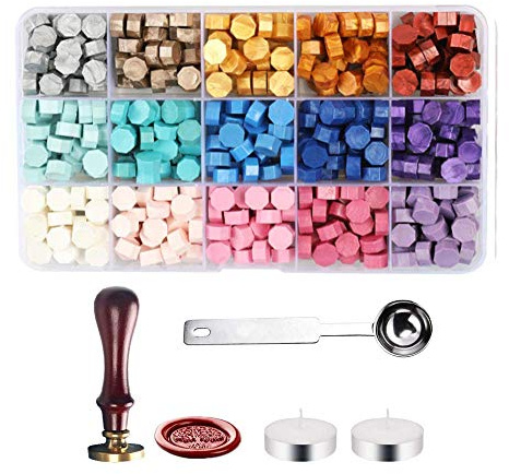 Perlas de Cera de Sellado 380 piezas con Velas de Té,Cuchara para Fundir Cera,Sellar el Sello,Lacre de Sellado para Invitaciones de Boda, Sobres de Tarjetas, Envoltura de Regalos(15 colores)