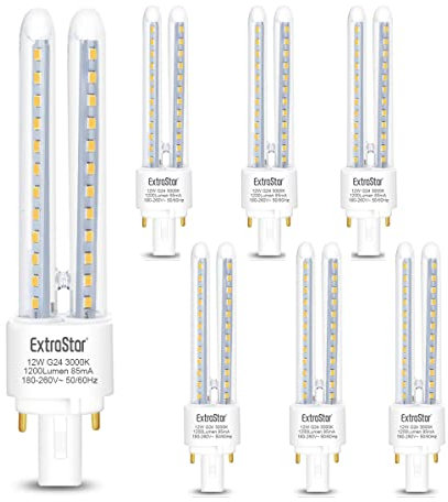EXTRASTAR 2 Pines Bombillas LED PLC Tubo 2U,12W, Maiz G24, 1200Lm, Blanco Cálido 3000K, No regulable Pack de 6