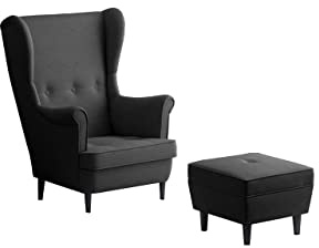 Leo Lounge Sessel mit Armlehnen, Stuhl aus Stoff mit Holz Füßen, Ohren- & armlehnensessel, Polsterstuhl, Ohrensessel, Ohrensessel groß, für Esszimmer & Wohnzimmer (Dunkelgrau, Mit Hocker)