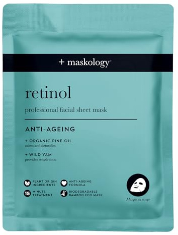 MASKOLOGY RETINOL Professional Sheet Mask Pack of 1 | Seaweed Kelp Anti Aging Sheet Face Masks | Organic Pine Oil & Wild Yam | Face Masks Skincare | 100% Plant Based |