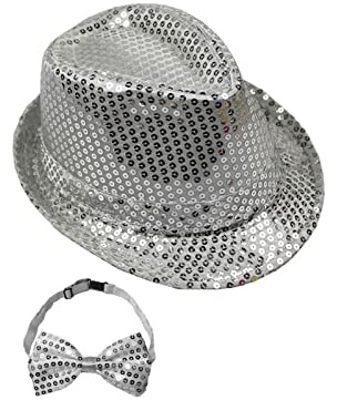 Zarsio Chapeau Fedora à paillettes, avec cravate incluse, pour déguisement, fêtes rétro, discothèque, mariage, argent, Medium
