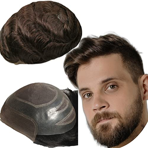 Protesi Capelli Uomo Yanahair Toupee per Uomini Parrucchini Parrucca Capelli Veri Uomo Parrucche 100% Europeo Capelli Umani Veri Fine Francese Pizzo con PU Toupet (8x10”,#2 Castano scuro)