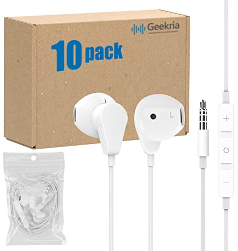 GEEKRIA Confezione da 10 cuffie da 3,5 mm con microfono, compatibili con laptop, PC, smartphone, cuffie da gioco, con microfono e controllo del volume, per scuole, studenti (bianco)