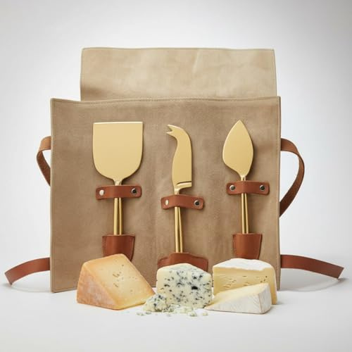SWEET LASSI Cheese Knife Set for Charcuterie Board – 3-Piece Gold Stainless Steel Cheese Knives with Leather Pouch – Elegant Charcuterie Tools, Utensils Set
