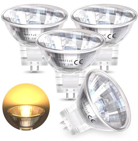 TobeBright GU4 MR11 Reflector Bulbs Dimmable 5W AC/DC 12V, Dimmable Warm White 3000K GU4.0 Bi-pin Base 35mm Diameter Low Voltage Spotlight Bulbs for Christmas Festival Decorations (4-Pack)