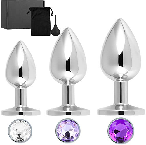 Eysilk Analplug 3-Set aus Metall Analplug Set mit Kristall-Diamanten und Analdusche. 3 Größen Ø27mm(Anfänger),Ø33mm,Ø41mm Buttplug – Sex Spielzeug Set Anal Plug für Paare Mann Frau (Lila Kollektion)