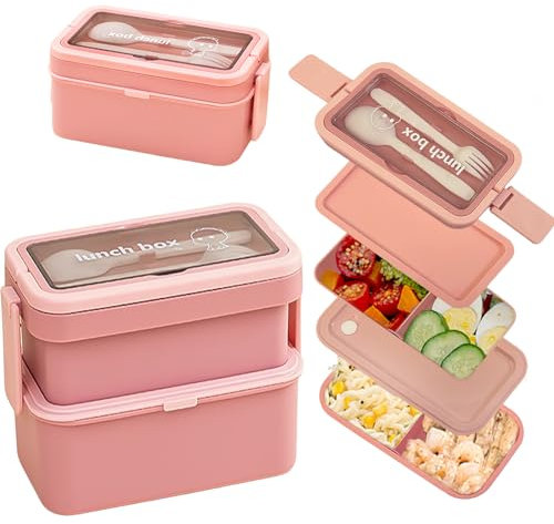 Echehi 2-Layer Stackable Lunch Box With Compartments for Adults and Kids - 950+550ml Large Capacity, Cutlery and Hidden Handle Included. Pink
