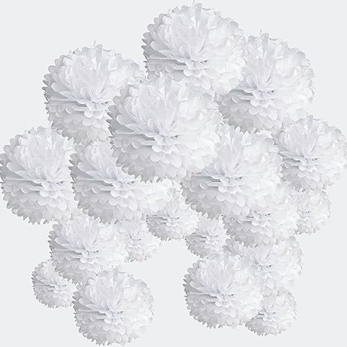 SUNBEAUTY Hochzeitsdeko Seidenpapier Pompons Deko - 15 Stück Weiß Pompoms Dekoration Seidenpapier Pom Poms für Hochzeitsdeko Dekoration Tischdekoration Geburtstag Hochzeit Feier Baby Shower Party Deko