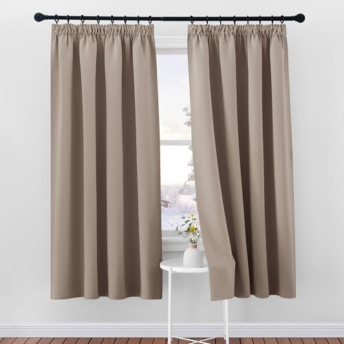 PONY DANCE Thermal Curtains, Winter Darkening with Ruffle Tape, Set of 2, H 175 x W 140 cm, Opaque Blackout Curtains for Bedroom, Light Brown