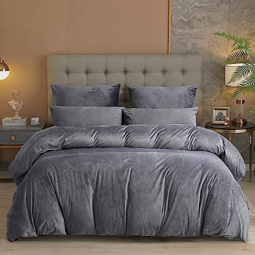YASMENG Housse de Couette Flanelle 240x260 Hiver Chaude Gris Polaire Parure de Lit Flanelle Doux Douillet Duveteux Linge de Lit 2 Personne avec Fermeture Éclair et Taies d'oreiller 65x65 cm