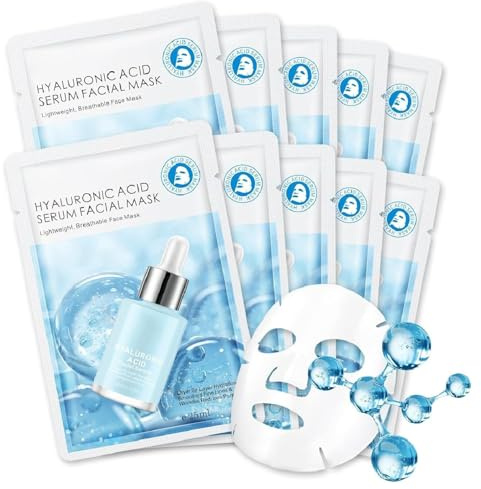 IREV Hyaluronic Acid Face Masks Skincare, Hydrating Facial Masks, Deep Moisturizing Face Mask for All Skin Types, Facial Sheet Mask for Women Skin Care, Smoothing Rejuvenating 10 Pack