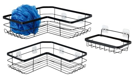 Amazon Basics - contenitori per doccia con adesivo a forma di L, in acciaio inox, 3 unità, colore nero