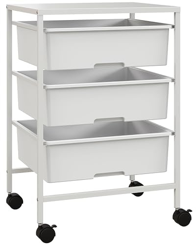 HOMCOM Desserte à roulettes, Chariot de Rangement à roulettes Chariot de Service à 3 Niveaux, Plateau et 3 Panier, Cadre en Acier, desserte Cuisine, Chambre à Coucher, Salon, Bureau - Blanc