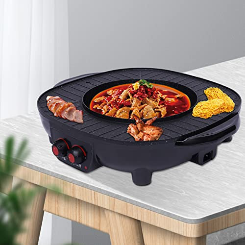 Elektrischer Hot Pot Grill, 2 in1 Multifunktion Hotpot Topf 2000 Watt/ 26cm Ø/ 3L, Thai Barbecue Fondue Raclette Korean BBQ Grill für 5-6 Personen