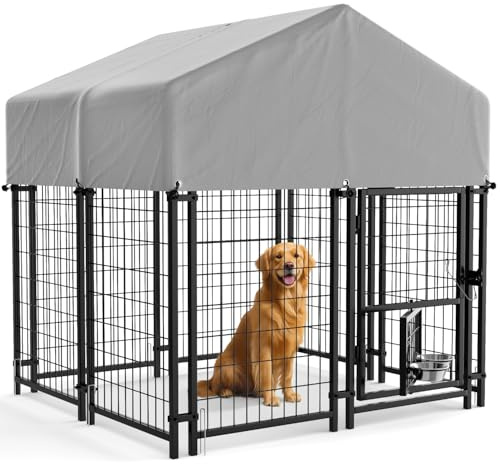 Greesum Large Outdoor Dog Kennel, Heavy Duty Welded Wire Steel Dog Playpen Fence with Secure Lock/UV-Resistant Waterproof Roof Cover/Rotaing Feeder Bowls, for Small/Medium/Large Dogs, L