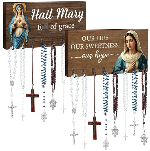Chunful 2 Pcs Rosary Holder Wall Mounted with 16 Hooks Wooden Rosary Hanger