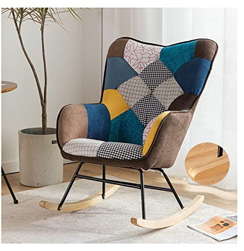 Sedia a dondolo patchwork, con base in legno massello, schienale alto, con poggiapiedi, per soggiorno, camera da letto, cameretta dei bambini e terrazza, comoda poltrona a dondolo per allattamento