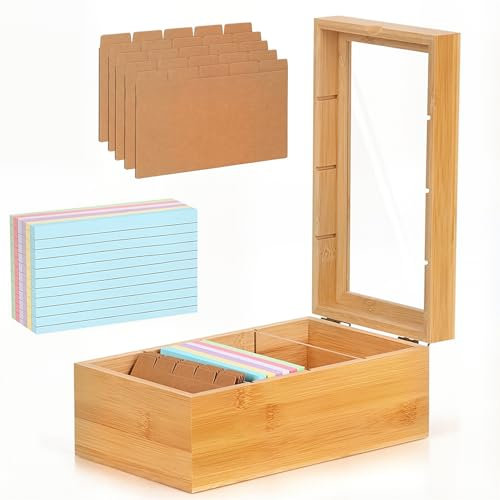 A7 Karteikarten Box Karteikasten Holz mit Deckel 25.4 * 15 * 10cm Vokabelbox mit 300 Stück Karten Karteikartenbox Karteibox für Vokabeln zum Büro Schulen