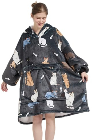 VERTAST Übergroße Hoodie-Decke, Sweatshirt für Herren und Damen, Sherpa-Fleece, tragbare Decke, Sweatshirt, warmes Geschenk für Gamer, Sofa-Liebhaber, Dunkelgrau – Katze, Audlt
