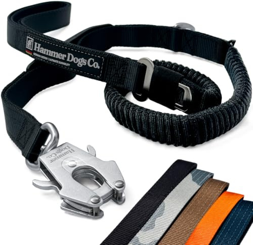 Hammer Dogs ShockLine - Correa Antitirones Perro Grande, Correa Bungee Amortiguadora con Doble Asa de Control, Mosquetón Metálico Tipo Rana, Nailon Reforzado, Ajustable 120-150 cm, Negro