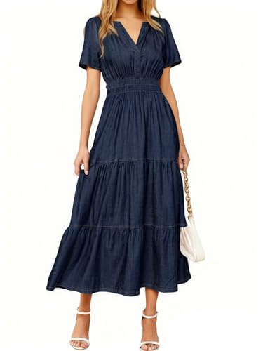 Simplee Womens Summer Denim Dress - Casual Short Sleeve V Neck Empire Waist Boho Flowy Western Jean Maxi Dresses with Pockets,Navy Blue XL