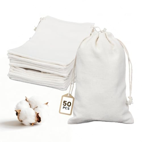 OFFASST 50 Piezas Bolsitas de Tela 10x15cm con Cordón, Bolsas Regalo Pequeñas Reutilizables para Bodas, Cumpleaños, Navidad, Joyas y DIY