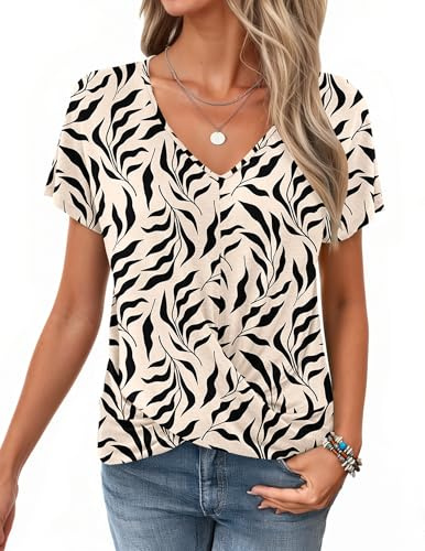 WNEEDU Haut Femme Chic et Elegant été Tee Shirt Col V T-Shirts à Manches Courtes avec Nœud Torsadé Top Casual Blouse Abricot à Feuilles Noires M
