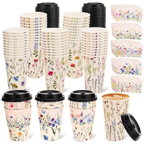 saerryor 50 Pack Floral Coffee Cups with Lids and Sleeves, 16oz Flower Paper Cups for Cafes Office Shops Cappuccino Chocolate Beverage