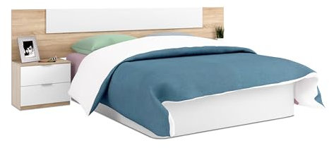 Habitdesign Cabezal + Dos Mesitas de Noche, Cabecero y Mesitas, Modelo Alaya, Acabado en Blanco Artik y Roble Canadian, Medidas: 247 cm (Ancho) x 50 cm (Alto) x 38 cm (Fondo)