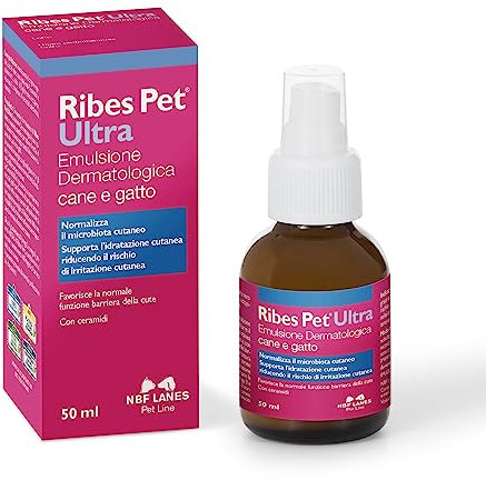 NBF Lanes | Ribes Pet Ultra Emulsione Dermatologica a Cristalli Liquidi Cane e Gatto 50 ml, Normalizza il Microbiota Cutaneo, Favorisce la Normale Funzione Barriera della Cute, con Ceramidi