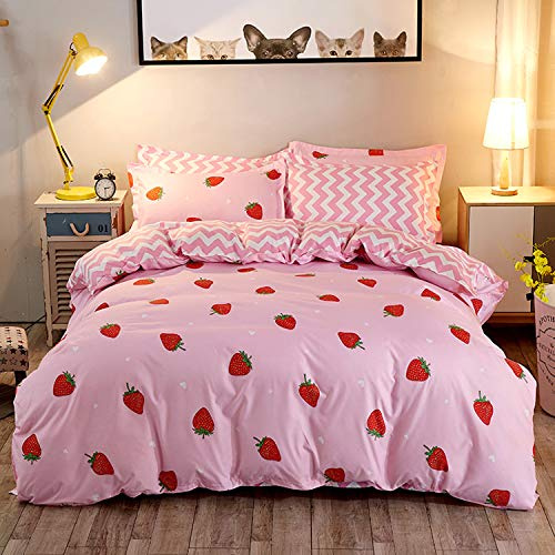 Kawaii Strawberry Bedding Set, Strawberry Comforter Cover Set Pink Strawberry Decor Duvet Cover, for Girls Women Kawaii Room Decor, Soft Reversible Cute Strawberry Quilt Cover with 2 Pillowcases, King