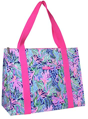 Lilly Pulitzer Insulated Market Shopper Bag Large Capacity, Oversize Reusable Grocery Tote with Thermal Insulated Interior, Bringing Mermaid Back