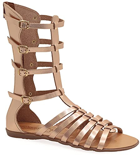 Size 5 Rose gold Emmanuela Ancient Greek Style Handmade Leather Gladiator Sandals, Quality Calf High Sandals with Rear Zipper at Shaft, Strappy Summer Flat Shoes for Women