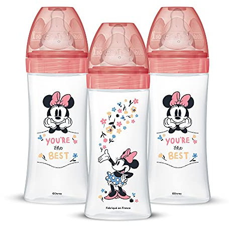 Dodie Lot de 3 Biberons Anti-Colique Initiation+, Minnie, 330ml, +6 Mois, Tétine Ronde, Débit 3