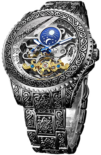 FORSINING Retro Watch for Men Carved Self-Wind Mechanical Tattoo Tourbillon Moon Phase Independent Seconds Skeleton Automatic Big Dial Wrist Watches, silver, Mechanical