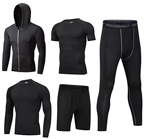HZQIFEI Män 5 stycken fitness träningsoveraller kostym kompressionströja sportkläder snabbtorkande andas för löpning gym fitness, Stil #5, L