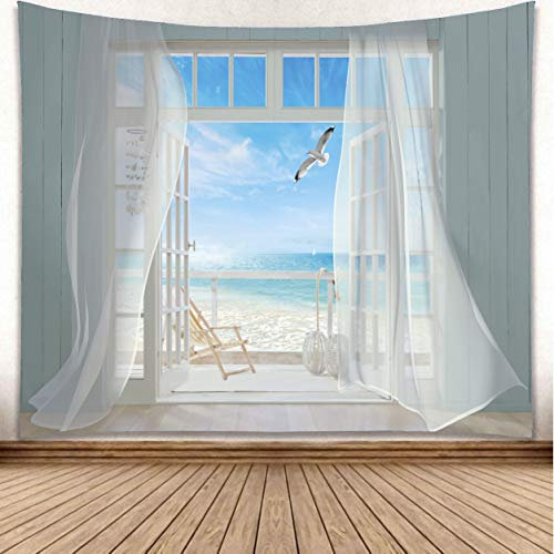 YISURE Ozean Wandteppich, Meer Strand Natur Himmel Wandteppich, Möwen Fenster Wandbehang Wandkunst für Schlafzimmer Wohnzimmer, 230 x 180 cm