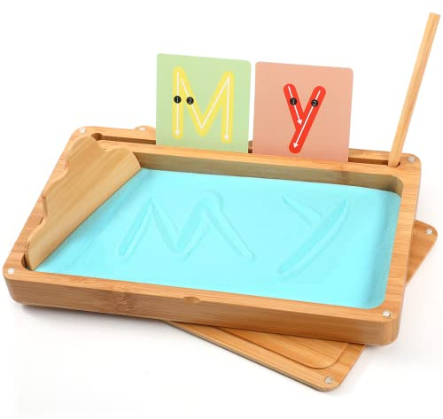 AtMini Montessori Mesa de arena de entrenamiento de escritura y signos juguetes de madera educativos para el desarrollo motor temprano en niños (azul)