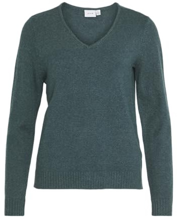 Vila Pull en Tricot pour Femme, col en V, Ponderosa Pine/détail : mélange foncé, M