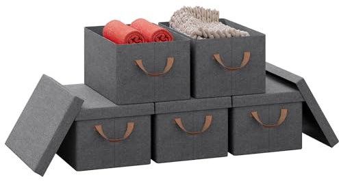 WOLTU Collapsible Storage Boxes Set of 5, Non-Woven Fabric Storage Boxes with Removable Lid, Handles, Metal Frame, 20L, Grey, 38x27x20cm, ABB01gbn-5-UK