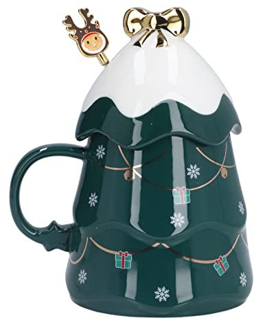 Zerodis Keramiktasse mit großem Fassungsvermögen, 500 ml, Weihnachtsbecher mit Deckel, Löffel, Tee-, Milchbecher für Zuhause, Urlaubsgeschenke (grüner Rührlöffel mit Deckel), Zerodisrw4kqdxn18-12