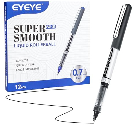 EYEYE Lot de 12 Stylos Roller Pointe Moyenne 0.7 mm - Encre Noire Liquide - Écriture Lisse et Confortable - Idéal pour Bureau, École, Prise de Notes (Noir)