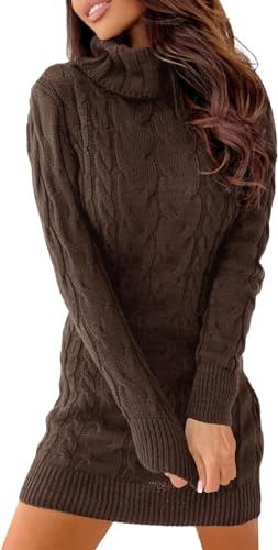 Ebifin Abito Pullover Donna Vestito Invernale Vestiti a Collo Alto Elegante Abito Linea Pullover a Manica Lunga Maglioni Lungo Elastico Autunno., caffè, L